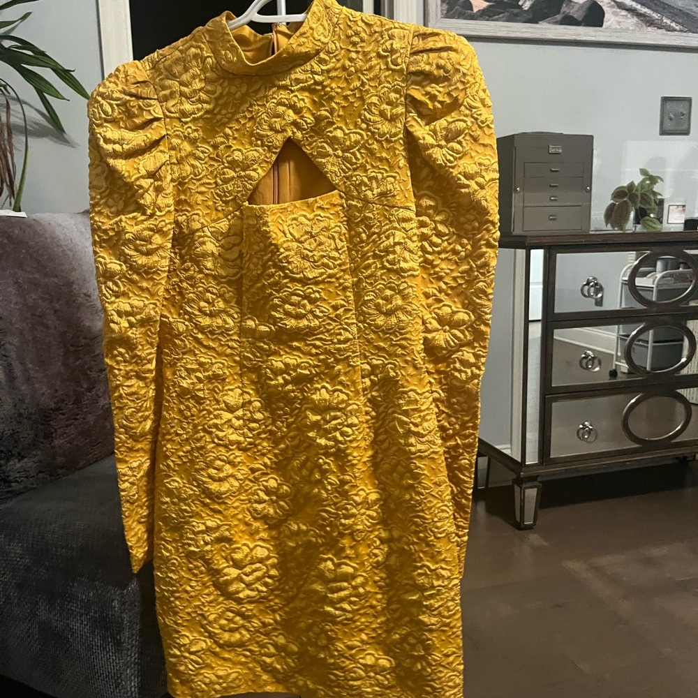 Yellow Sheath Dress with Mock Neck and Puff Sleeves